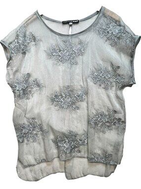 Clotheshead Women's Sheer Mesh Top Short Sleeve Size XL Gray Embroidery Floral